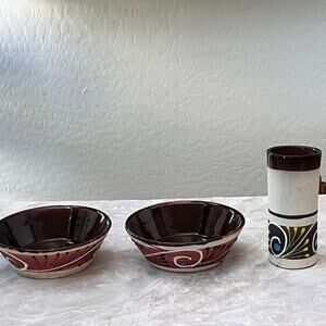 Mexican Clay Pottery Set 2 Bowls and a Tumbler Handmade & Hand Painted